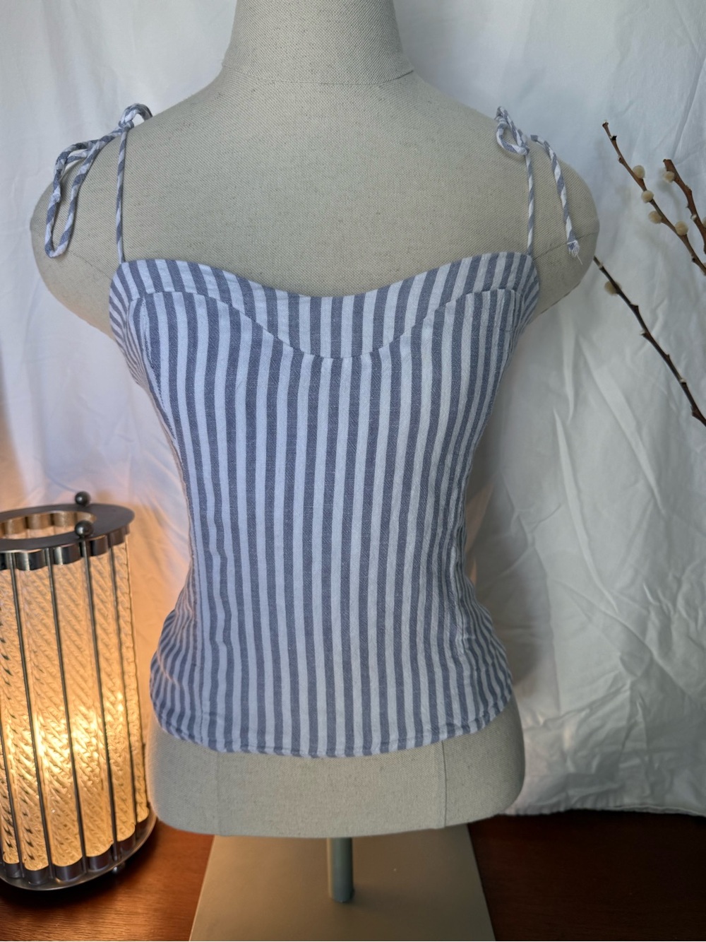 Abercrombie & Fitch Blue and White Striped Tie-Shoulder Bustier Camisole